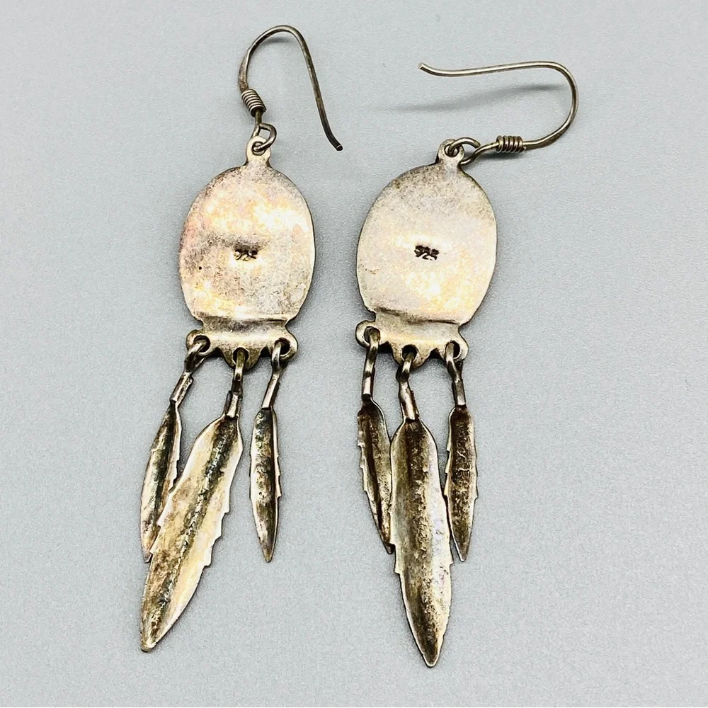 Vintage Sterling Silver Earrings Southwest Style with Shield & Feathers - Picture 6 of 10